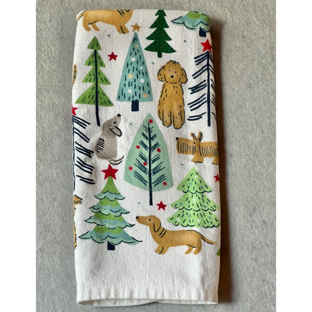 Whimsical Christmas Dogs & Trees Cotton Tea Towel Kitchen Decor